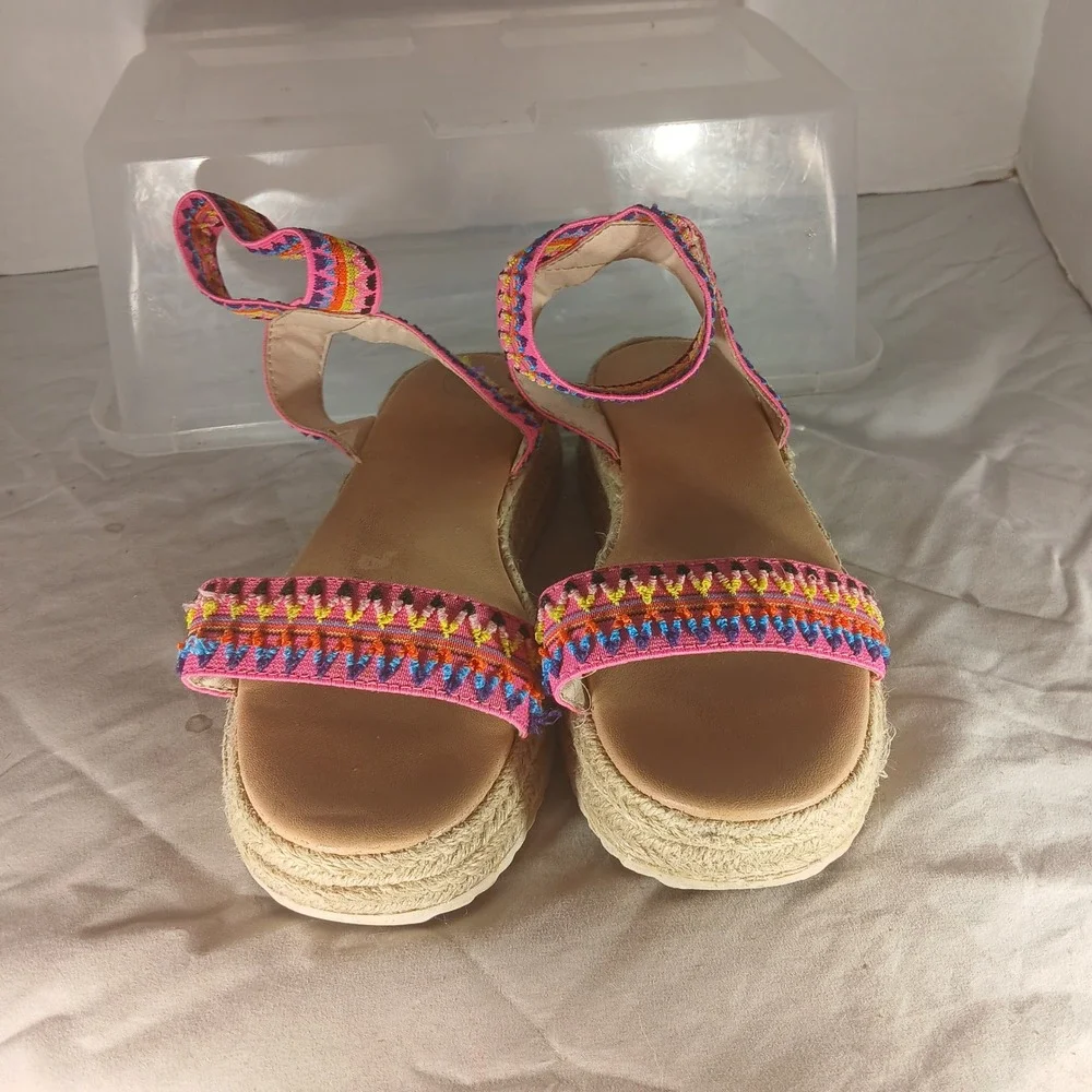 Wonder Nation Platform Espadrille Sandals‎ Size 3 Pink Multi Boho Embroidered